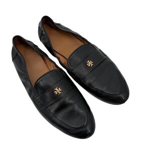 Tory Burch Ballet Black Leather Loafers Gold Logo Elastic Womens Size 10 M